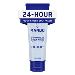 Mando Odor Shield body wash bottle front showcases its odor-control design.