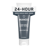 Mando Odor Shield Unscented Body Wash bottle illustrating 24-hour odor control.