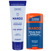Mando whole body deodorant cream bottle shows smooth texture for all-day odor control.