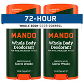 Mando whole body deodorant for men front packaging highlights aluminum-free, long-lasting odor protection.