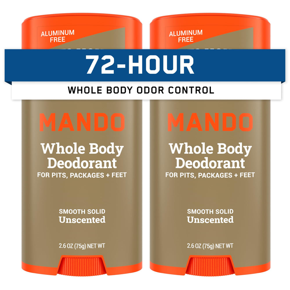 Mando Whole Body Deodorant bottle front with unscented formula for all-day odor control.
