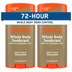 Mando Whole Body Deodorant bottle front with unscented formula for all-day odor control.