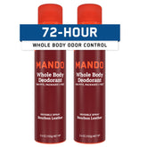 Mando Whole Body Deodorant bottle front shows bourbon leather scent for all-day freshness