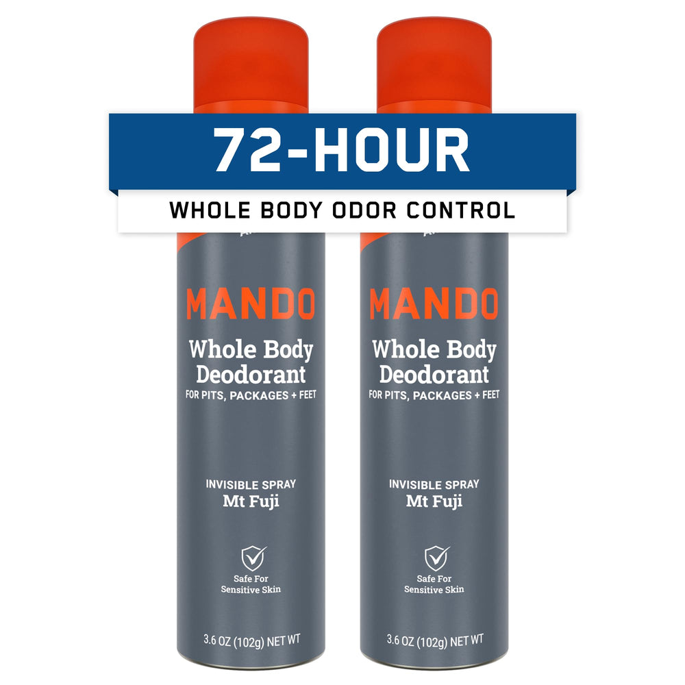 Mando whole-body deodorant Mt Fuji two-pack shows convenient dual cans for on-the-go freshness.