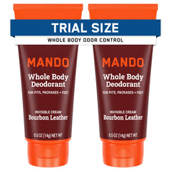 Mando whole body deodorant travel-size tube showing compact packaging for fresh all day use
