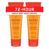 Mando Bourbon Leather deodorant tube front showing aluminum-free formula for all-day odor control.