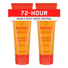 Mando Bourbon Leather deodorant tube front showing aluminum-free formula for all-day odor control.