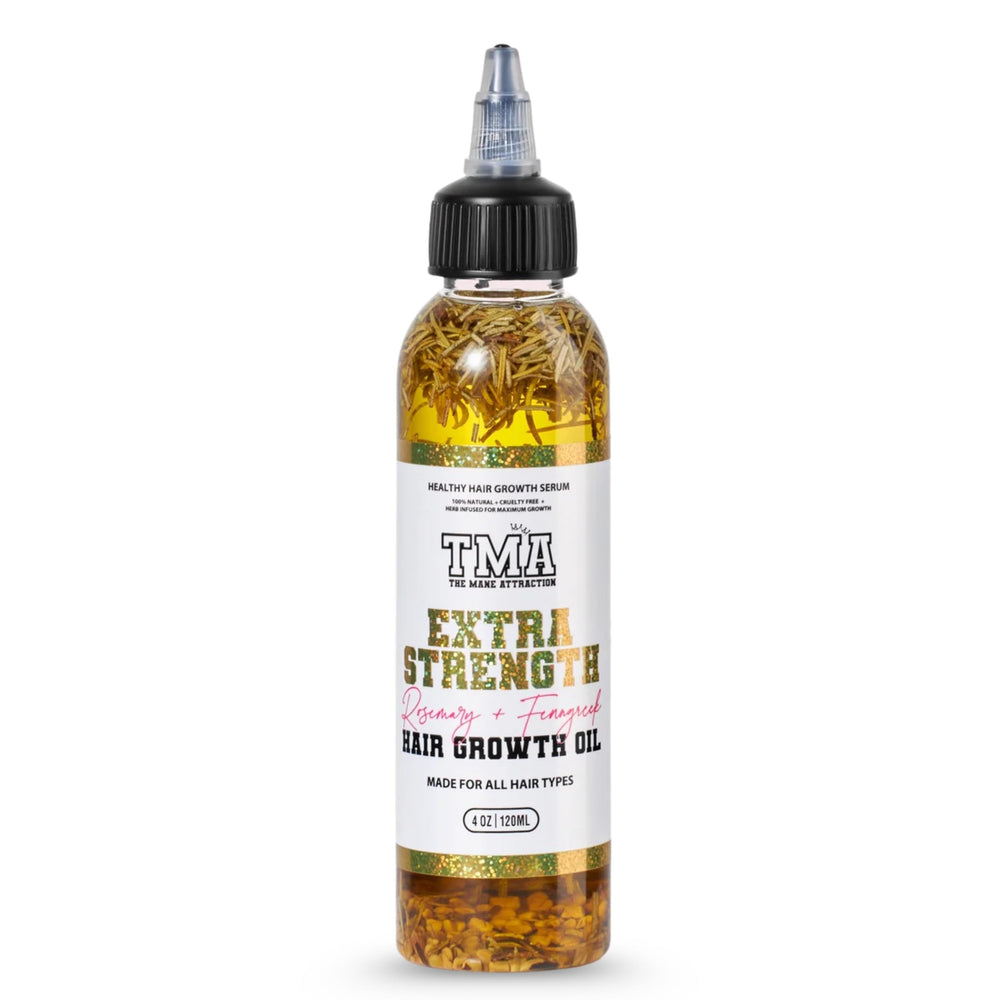 The Mane Attraction extra-strength rosemary-fenugreek oil bottle promotes scalp nourishment