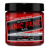 MANIC PANIC Pillarbox Red bottle closeup shows vibrant, long-lasting color potential.