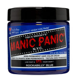 MANIC PANIC Rockabilly Blue bottle close-up highlighting vibrant pigment.