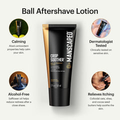 MANSCAPED Crop Soother label closeup highlights alcohol-free soothing formula.