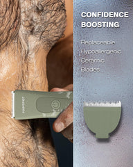 Waterproof MANSPOT trimmer for convenient wet or dry trimming in shower or bath.