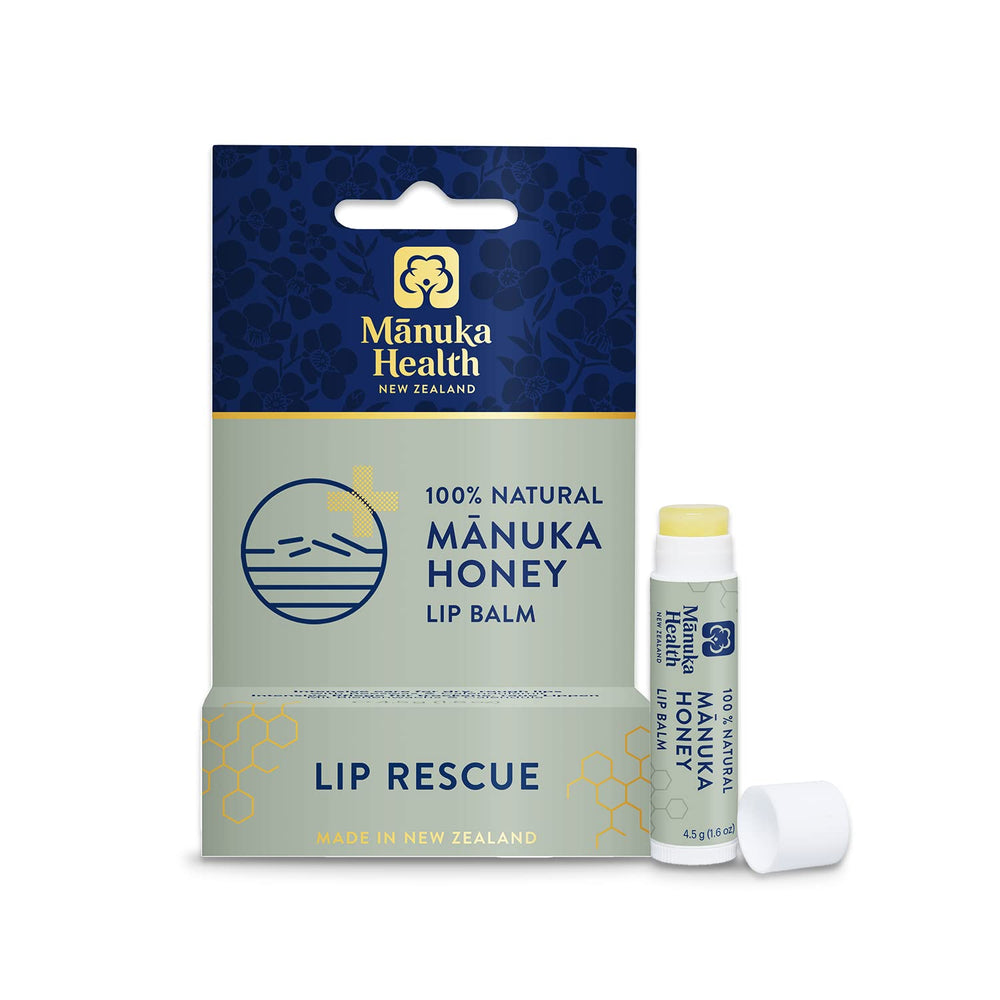 Manuka Health Lip Rescue tube close-up showing smooth, nourishing lip care for dry lips.