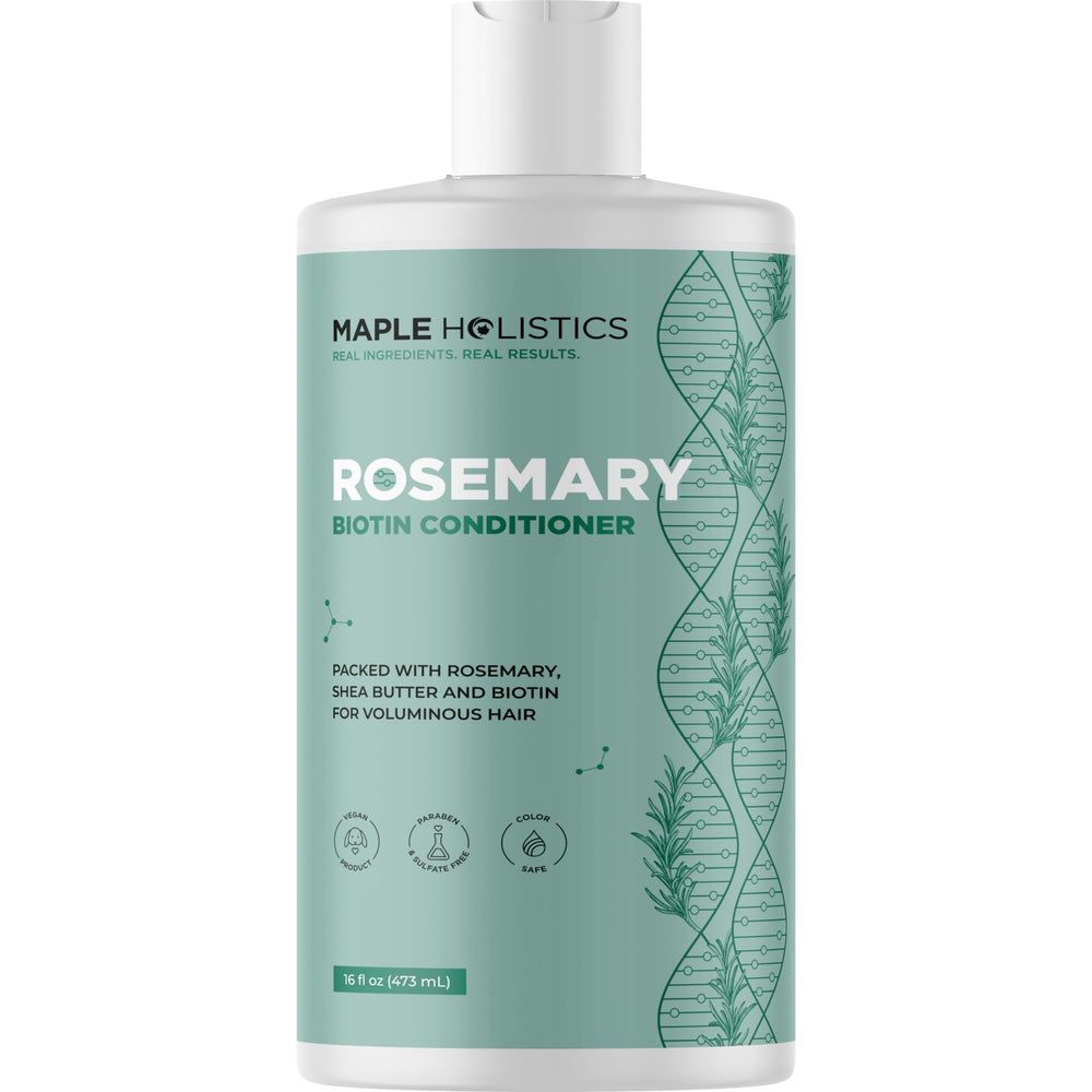 Maple Holistics Biotin Rosemary Conditioner bottle shows vegan formula for fuller-looking hair.