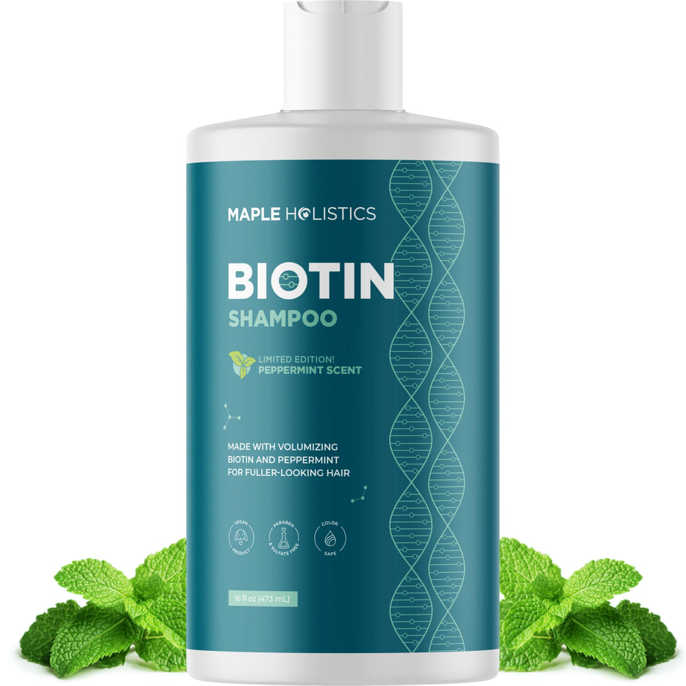 Maple Holistics Biotin Shampoo bottle pour shows refreshing scalp care for thinning hair