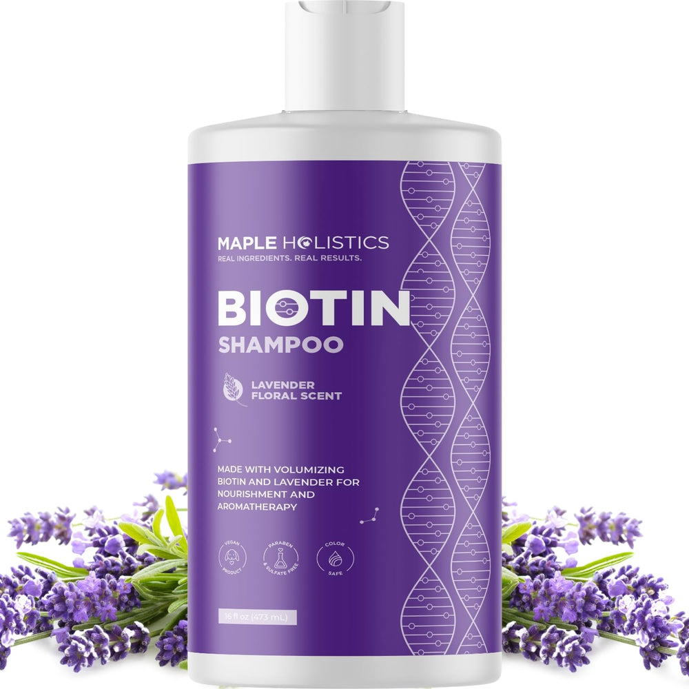 Maple Holistics lavender biotin shampoo bottle boosts volume for fine hair
