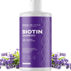 Maple Holistics lavender biotin shampoo bottle boosts volume for fine hair