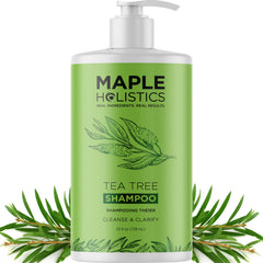 Maple Holistics Tea Tree Oil Shampoo bottle pour shows deep cleansing for oily hair