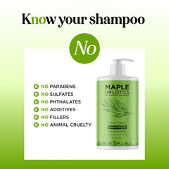 Maple Holistics Tea Tree Oil Shampoo ingredients panel featuring tea tree oil