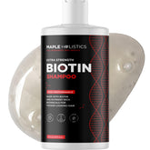 Maple Holistics Ultra Biotin Shampoo bottle highlights a vitamin-rich formula for thinning hair.