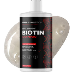 Maple Holistics Ultra Biotin Shampoo bottle highlights a vitamin-rich formula for thinning hair.