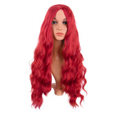 MapofBeauty 28-inch bright red wavy wig with middle part for bold party looks.