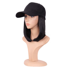 MapofBeauty black bob wig under baseball cap offers a natural look.