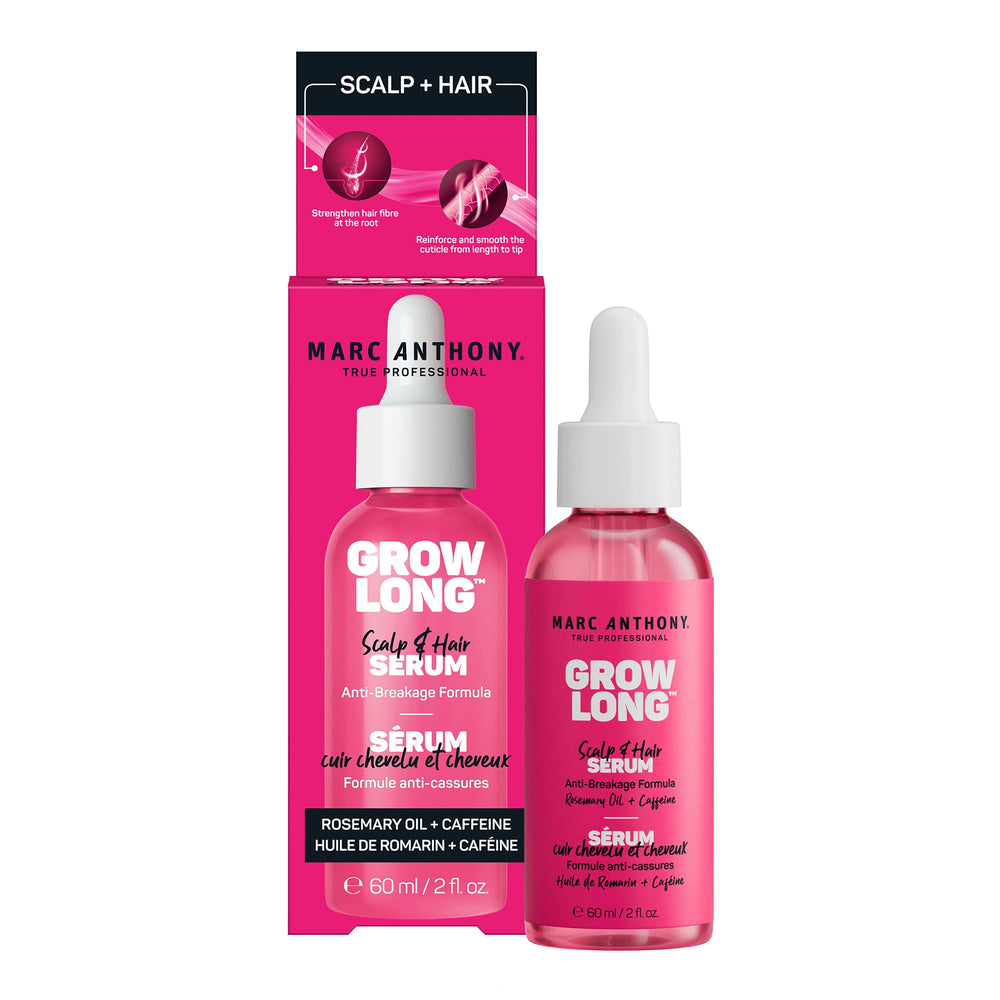 Marc Anthony Grow Long Serum, bote en mano para fortalecer fibras capilares