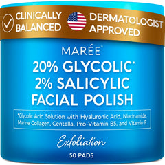 MAREE Glycolic Pads bottle showing the 20% exfoliating formula for radiant skin.