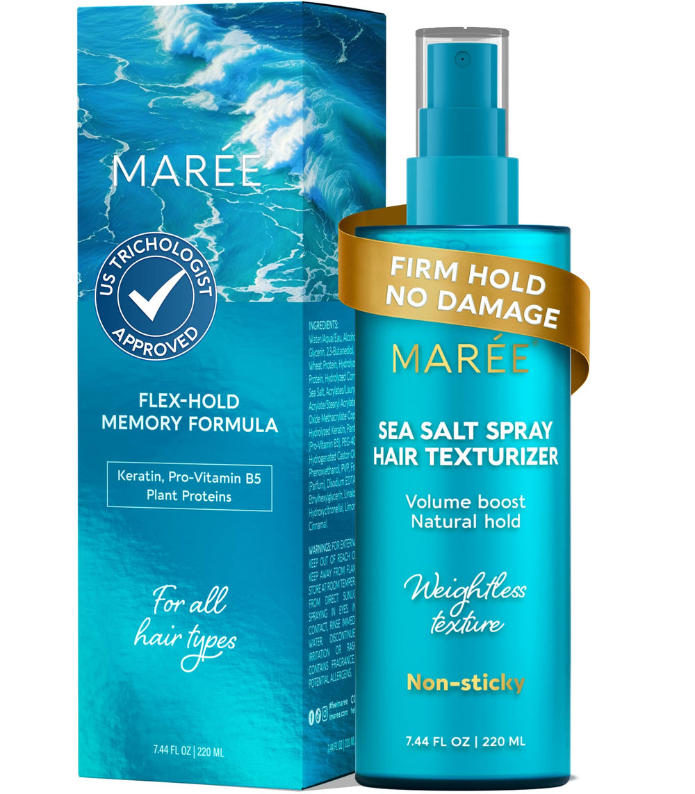 MAREE Texture Spray bottle closeup shows a lightweight finish for airy volume.