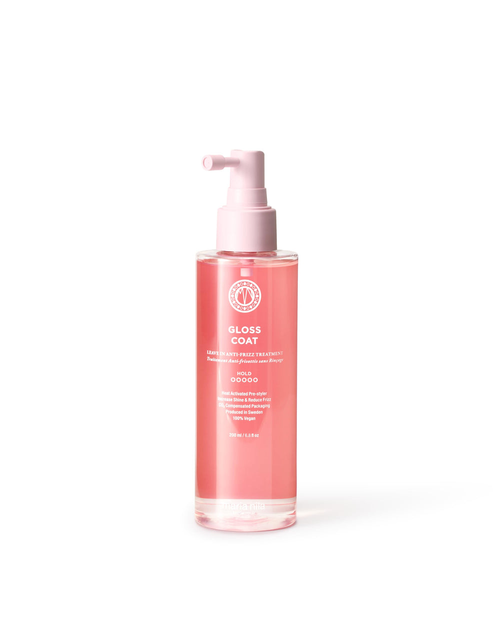 Maria Nila Gloss Coat bottle front showing packaging and shine-boost promise.