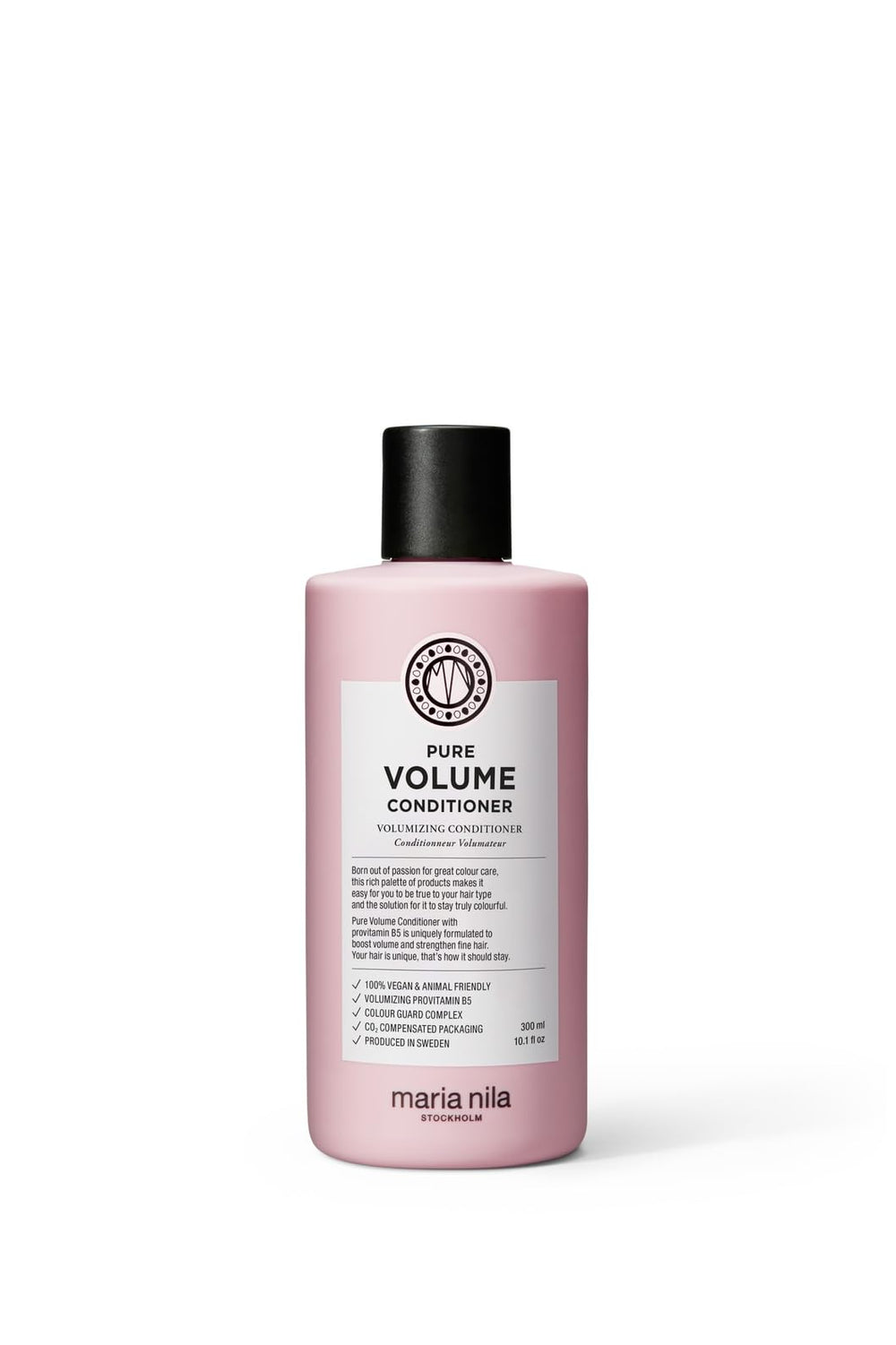 Maria Nila Pure Volume Conditioner bottle close-up highlighting the volume-boosting formula.