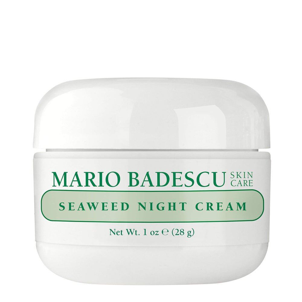 Mario Badescu crema nocturna con alga marina, textura cremosa para piel suave.