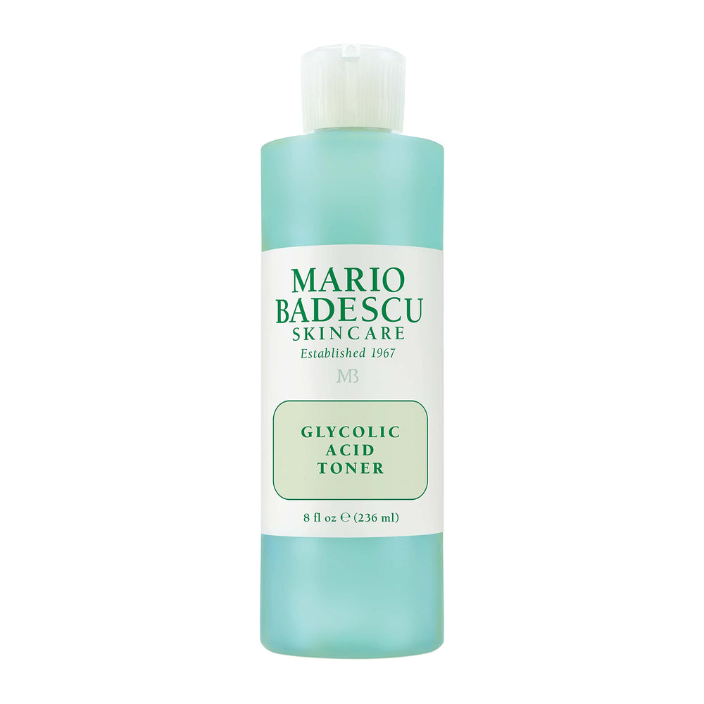 Mario Badescu Glycolic Toner bottle on a clean surface highlighting brightening potential.