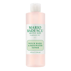 Tónico Mario Badescu en frasco con hamamelis y rosa, sensación refrescante para la piel.