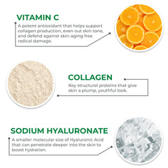 Close-up of the serum label highlights vitamin C and hyaluronic acid for hydration