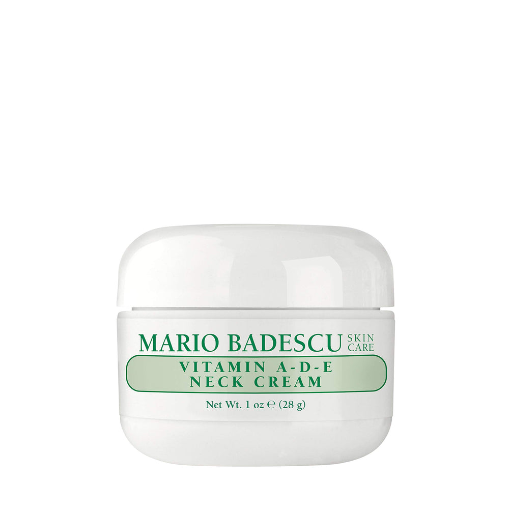 Mario Badescu Vitamina A-D-E crema para el cuello, botella clara para hidratación profunda.