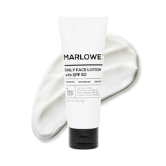 MARLOWE No.128 bottle front with SPF 50 for daily protection.