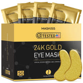 Maskiss packaging for 24k gold under eye patches promoting premium eye care.