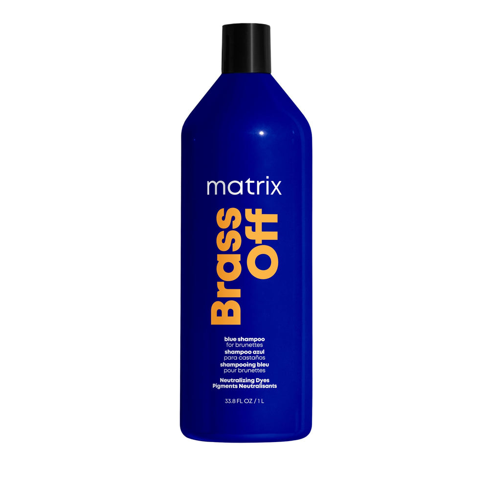 Matrix Brass Off Blue Shampoo bottle pouring, helps neutralize brassy tones for dark blonde and brunette hair