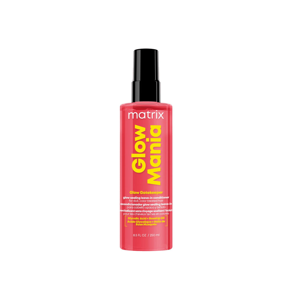 Matrix Glow Mania leave-in bottle pour for quick, glossy styling on color-treated hair.