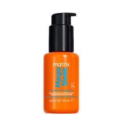 Matrix Mega Sleek serum bottle demonstrating anti-frizz and shine.