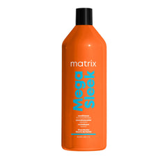 Matrix Mega Sleek Conditioner smoothing bottle highlights frizz control and shine.