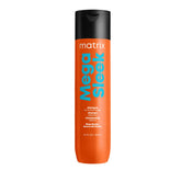 Matrix Mega Sleek shampoo bottle showing anti-frizz protection for unruly hair.