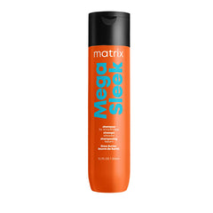 Matrix Mega Sleek shampoo bottle showing anti-frizz protection for unruly hair.