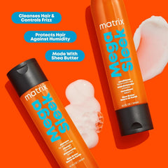 Matrix Mega Sleek Shampoo lather demonstrating smoothing action for unruly hair.