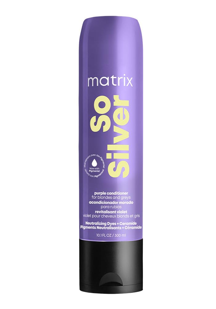 Matrix So Silver Purple Conditioner bottle front displaying cool-toning benefits.