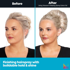 Matrix Vavoom freezing spray mist delivering fast-drying finish and shine.