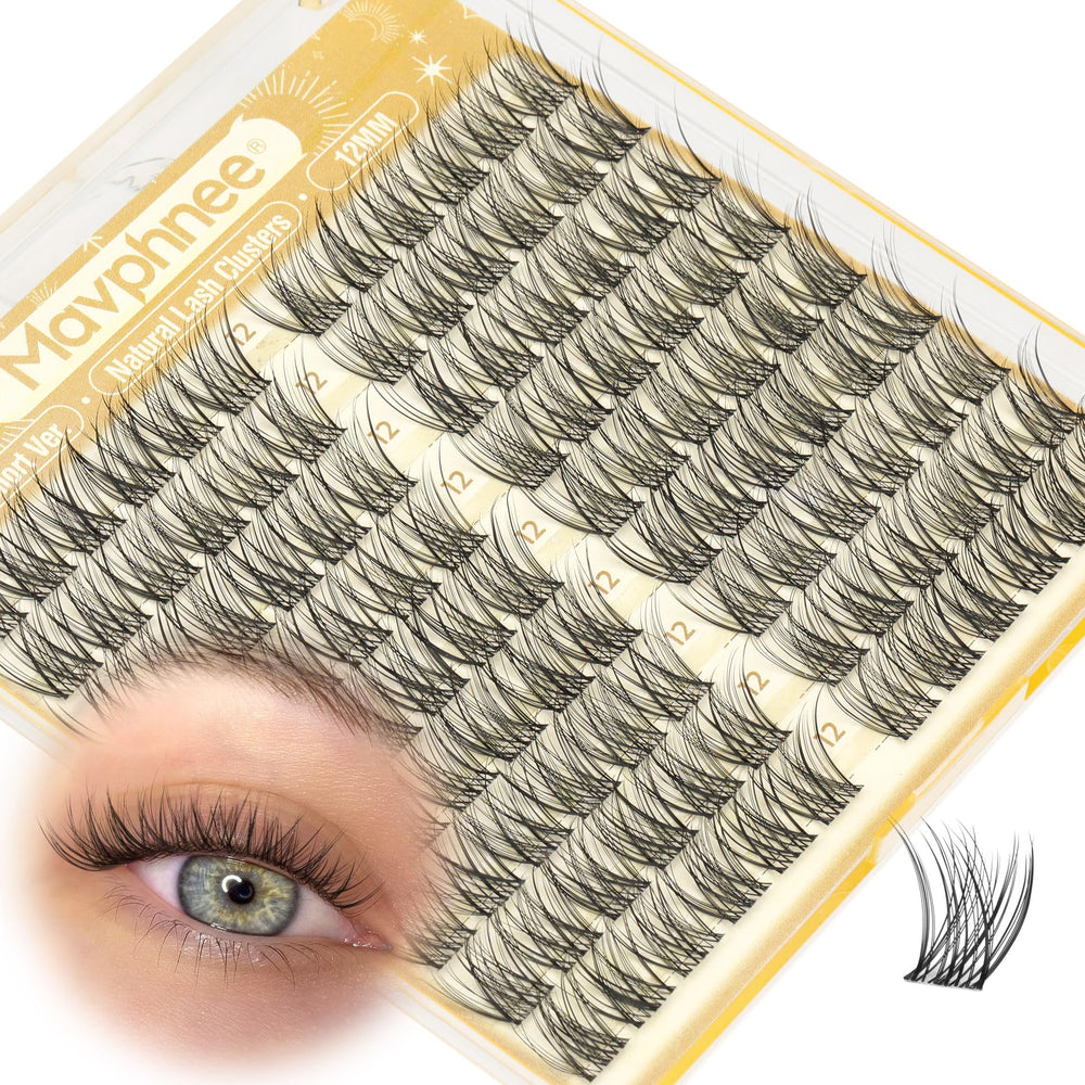 Mavphnee 12mm definition lash clusters for a natural lift and camera-ready eyes.