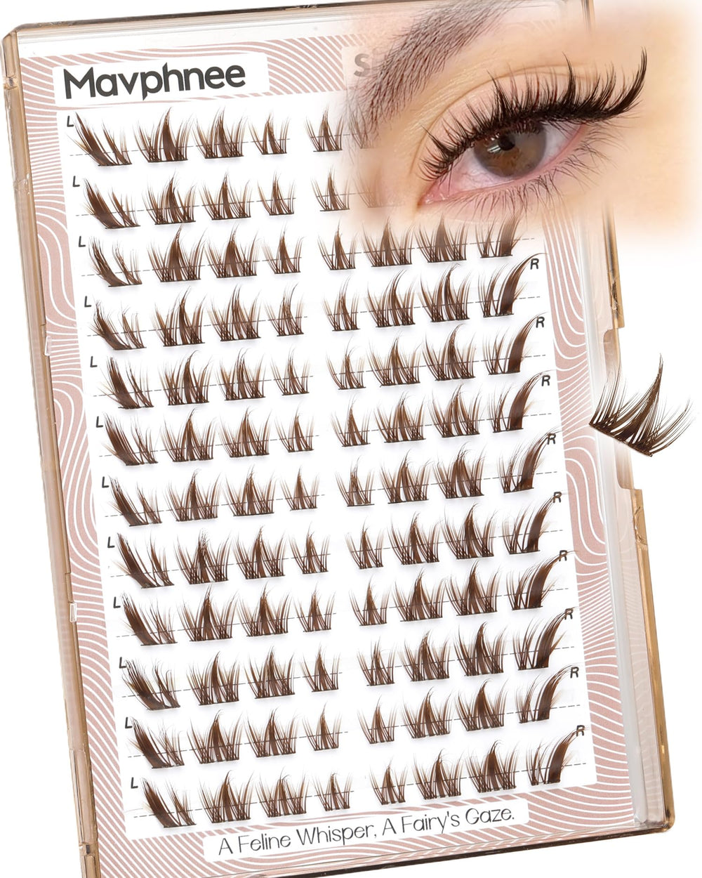 Mavphnee brown cat eye lash clusters create a balanced, salon-like look.